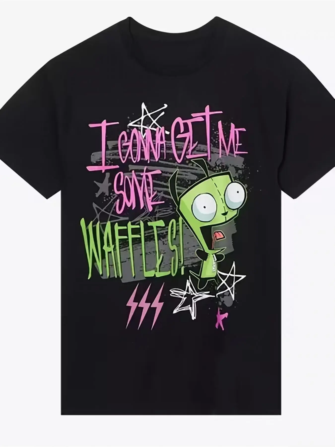 Men's Invader Zim Gir Graphic Print T-Shirt | "I Gonna Get Me Some Waffles" Quote with Punk Star & Lightning Design | Crew Neck, Machine Washable, Perfect for Casual Wear & 2000s Cartoon Fans