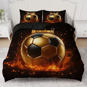 3 Piece Down Comforter Set, Includes 1 Down Blanket & 2 Pillowcases (no Filling), Gold Soccer Crown Theme, Football Theme, Christmas Bedding Set, Decorative Bedding Set