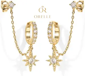Double-Hole Star Chain Earrings  14K gold-plated, hypoallergenic, lightweight, and comfortable—the perfect gift for women Round Set aretes elegantes party dainty high-end