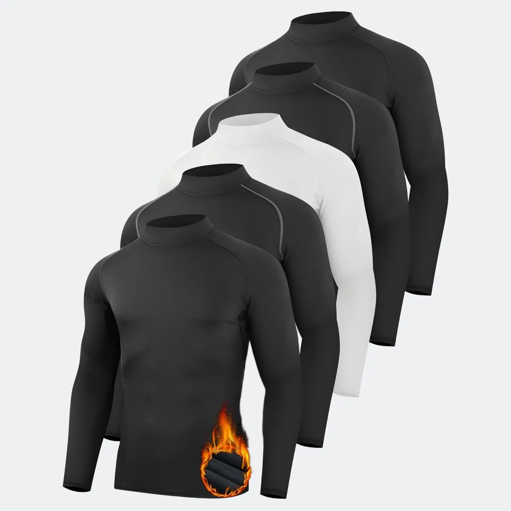 5 Pack Men's Workout Long Sleeve T Shirts Winter Thermal Fleece Sports Shirts Thermal Turtle Mock Neck Shirts, Long Sleeve Compression Shirts Tight Compression Fitness Clothing Tight-fitting And Fleece-lined Base Layer Crewneck Top Menswear fathersdaygift
