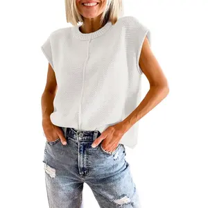 Womens Pullover Sweater Vest Crew Neck Cap Sleeve Loose Fits Sweater Ribbed Knit Tops Solid Sweaters for Women,White - S