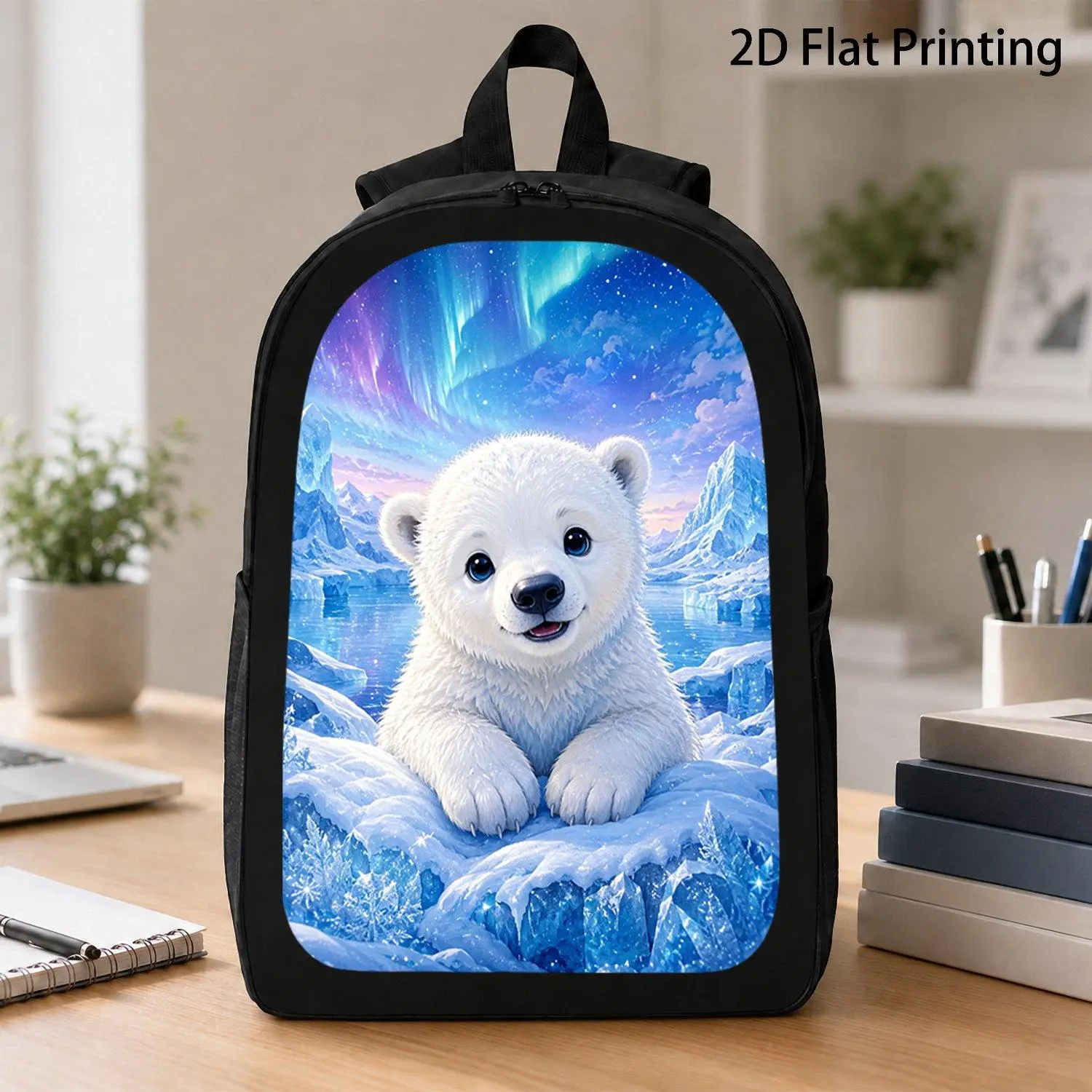 17 Inch Backpack Fluffy Polar Bear Cub Pattern Wildlife Aurora Arctic Ice Landscape Print School Travel Laptop Carrying Bag