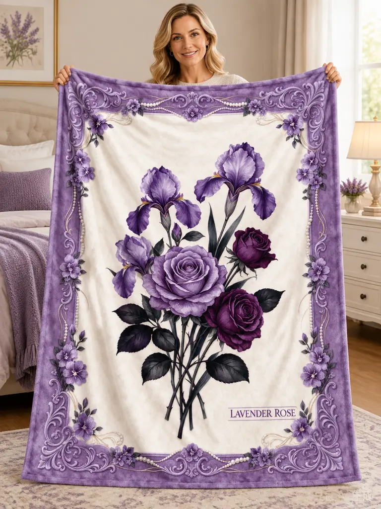 Vintage Victorian Ornate Flannel Throw Blanket - Lavender Rose, Purple Iris Floral, Pearl Frame Accents - Cozy Elegant Bedding Linen