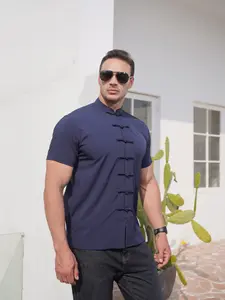 Men's Traditional Chinese Tang Suit Shirt, Frog Button Collar, Short Sleeve Casual Top, Pure Chinese Style, Summer Leisure Wear