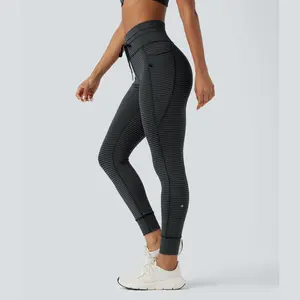 Halara High Waisted Drawstring Striped Yoga Leggings with Pockets