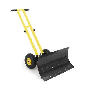29x14.2 in Snow Shovel with 5-Position Angled Blade & Adjustable Handle,Heavy Duty Metal Snow Pusher Shovel with Wheels for Driveway,Doorway,Sidewalk,Pavement,Yellow & Black