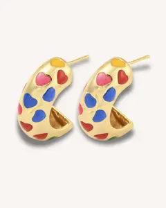Hoop Earrings with Colorful Heart Charms – Half Round, 22 mm, 18K Gold Plated