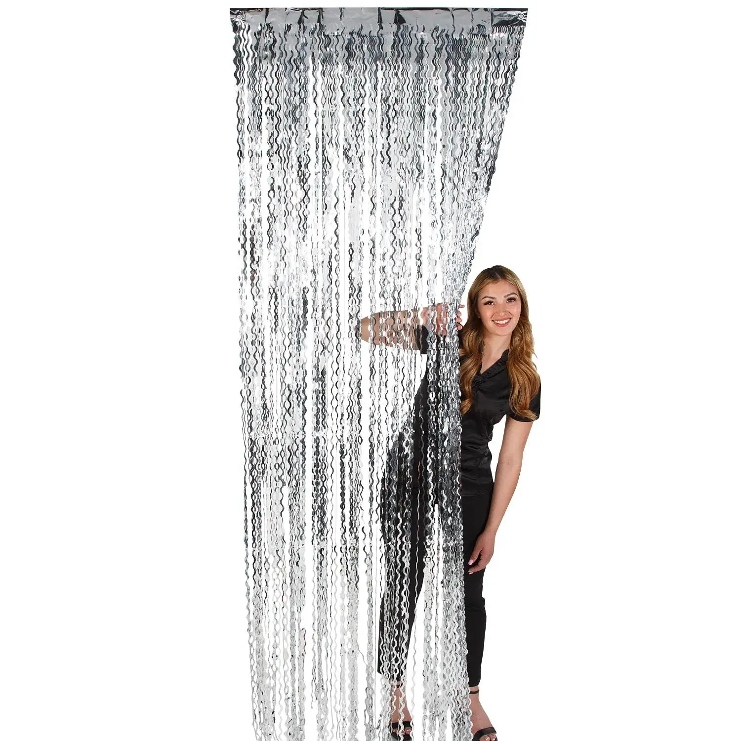 Silver Shiny Metallic Curly Foil Fringe Door Curtain, 3 Ft x 8 Ft