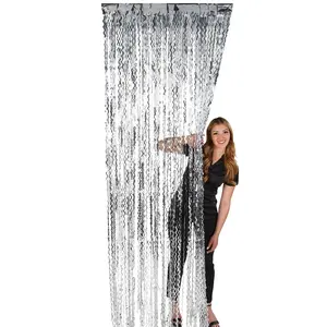 Silver Shiny Metallic Curly Foil Fringe Door Curtain, 3 Ft x 8 Ft
