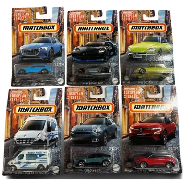 Mattel - Matchbox 2024 European Streets - SET OF 6 [Bugatti Divo, Audi E-Tron, Megane, Ambulance +3]