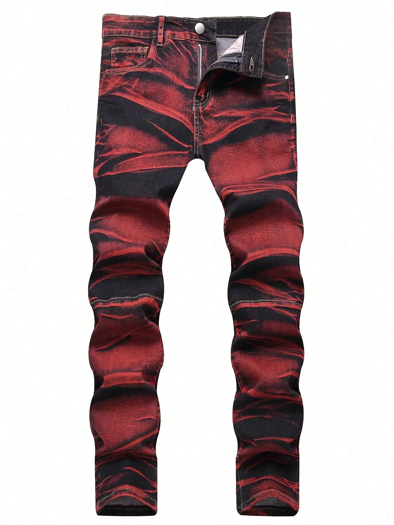 Men's Streetwear Jeans, Slim Fit Stretch Denim Trousers with a Stylish Red and Black Pattern for All-Season Casual Wear, Trouser, Fashion Denim Pants