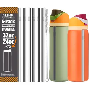 Stainless Steel Straws for Owala FreeSip Insulated Water Bottle 24 oz 32 oz, 6 Pack Reusable Metal Replacement Straws for 32oz 24oz Owala Freesip Cup Lid Only, Plus Straw Brush, Dishwasher Safe