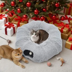 Cat Tunnel Bed for Indoor Cats, Soft Plush Peekaboo Hideaway Cave with Circle Cushion, Washable Multifunctional Playground Cat Donut Tunnel for Kittens, Rabbit, Ferret, Grey
