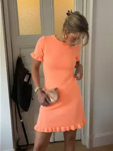 Women's Spring Autumn Fashion Solid Color Round Neck Pleated Knot Short Sleeve Casual Simple Knit Dress, Stylish and Comfortable