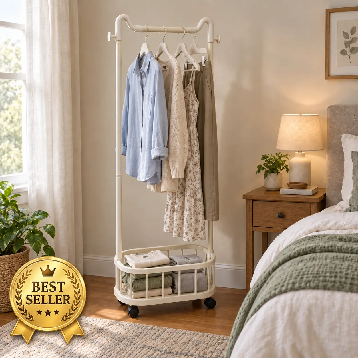 Rolling Garment Rack with Storage Basket and Side Hooks, Freestanding Clothes Rack on Wheels for Bedroom, Closet and Entryway, Space-Saving Clothing Organizer, Black/White