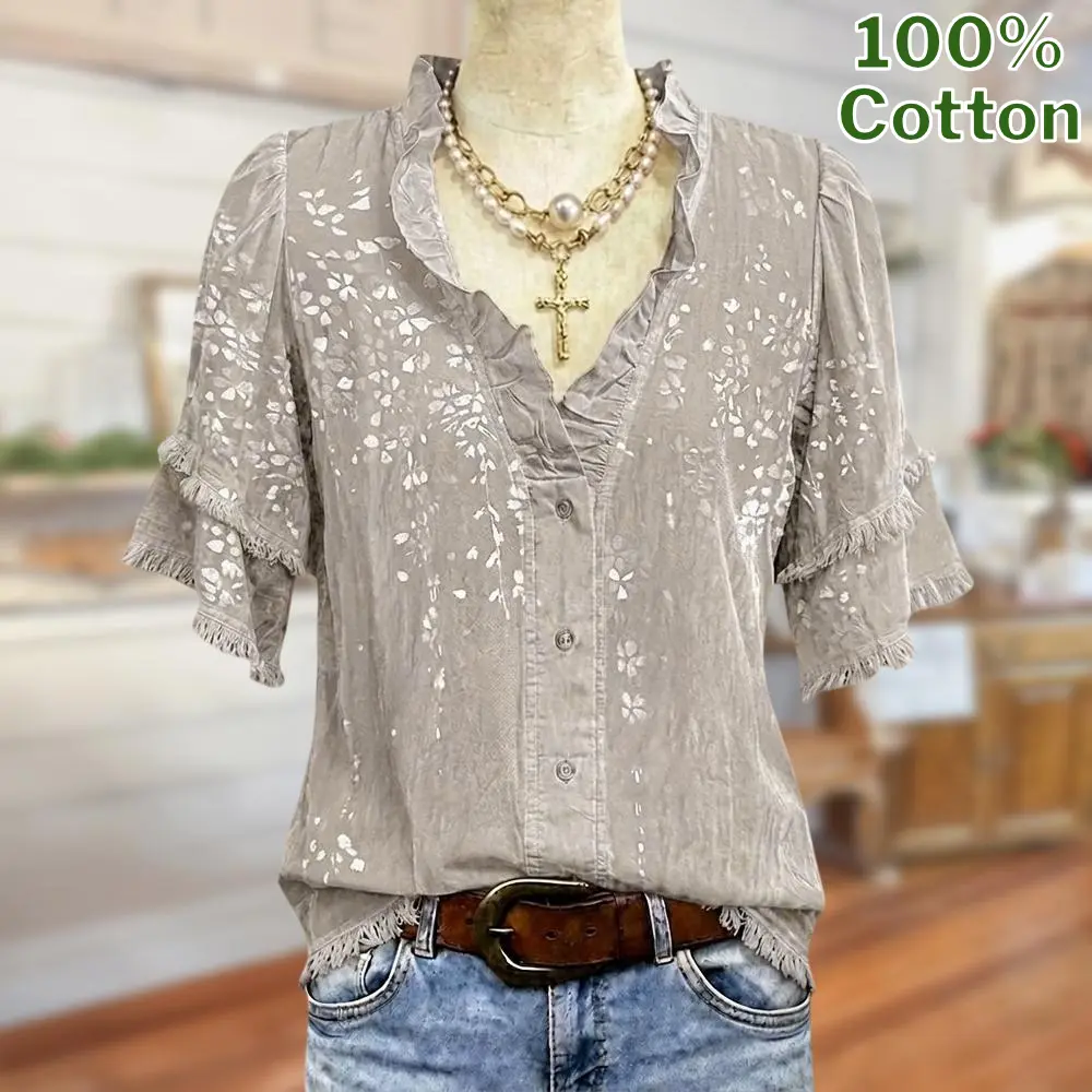 Sage Vell 100% Cotton Taupe/Blue/Green/Beige Floral Print Blouse Ruffle V Neck Button Front Fringe Layered Short Sleeve Loose Fit Casual Top For Daily Vacation Beach Office Wear