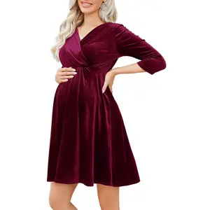 YESFASHION Women's Maternity Dress Velvet Retro V-Neck A-Line  Dress Holiday Dress Evening Dress Wedding Guest Wine Red S