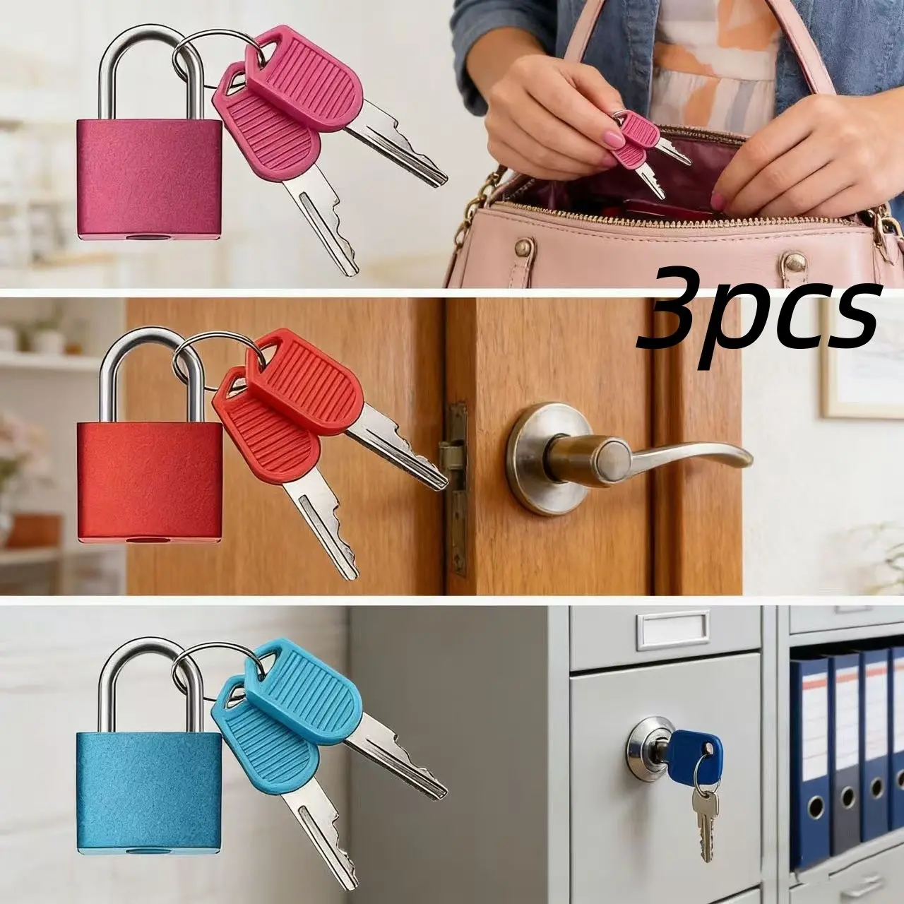 3 Counts Multi-Color Metal Hanging Locks with 3 Keys, Durable Plastic & Metal Combination Lock for Luggage, Backpacks, Gym Storage Cabinets, Secure Lock
