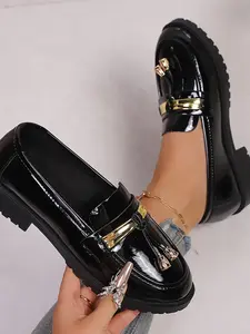 Women's Casual Flat PU Leather Loafers, Round Toe Soft Sole Comfortable British Style Shoes, Spring & Fall Fashion Footwear