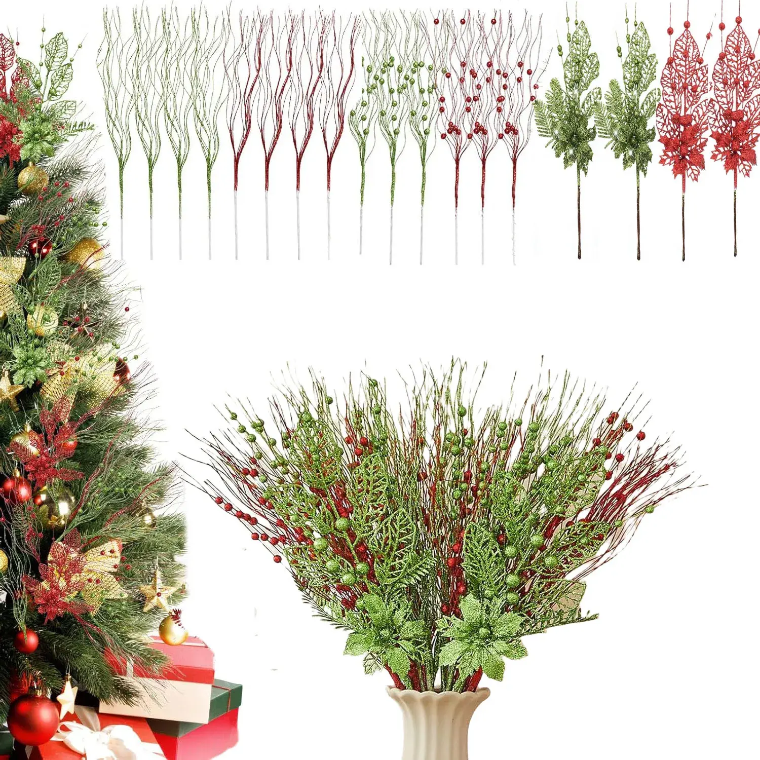 12 Pieces Glittering Christmas Decorations, Home Decoration Vase Filler DIY Xmas Tree Branches Gift, Festive Holiday Ornaments