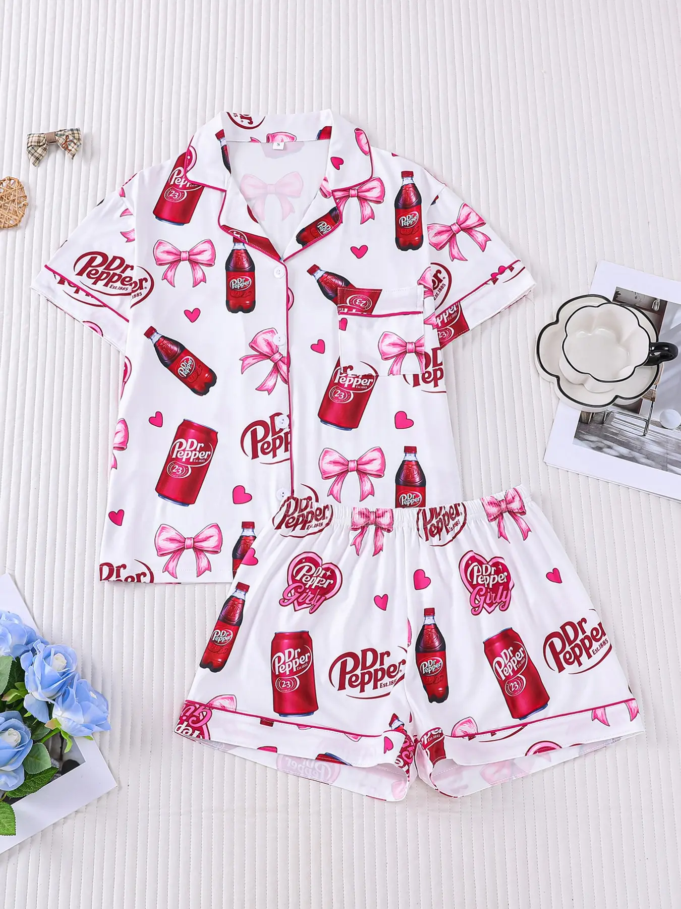 Women's 2-Piece Sleepwear Loungewear Homewear Pajama Set Pjs, Valentine's Day Cute Heart Soda Drink Print Short Sleeve Shorts Pocket, Comfortable Soft Skin-Friendly Elastic Waist Fit