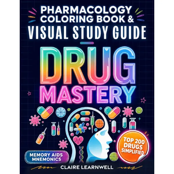 Pharmacology Coloring Book & Visual Study Guide: Drug Mastery for Nursing Students, Top 200 Drugs, Memory Aids, Mnemonics, Recall Hacks | NCLEX-PTCB-NAPLEX-USMLE
