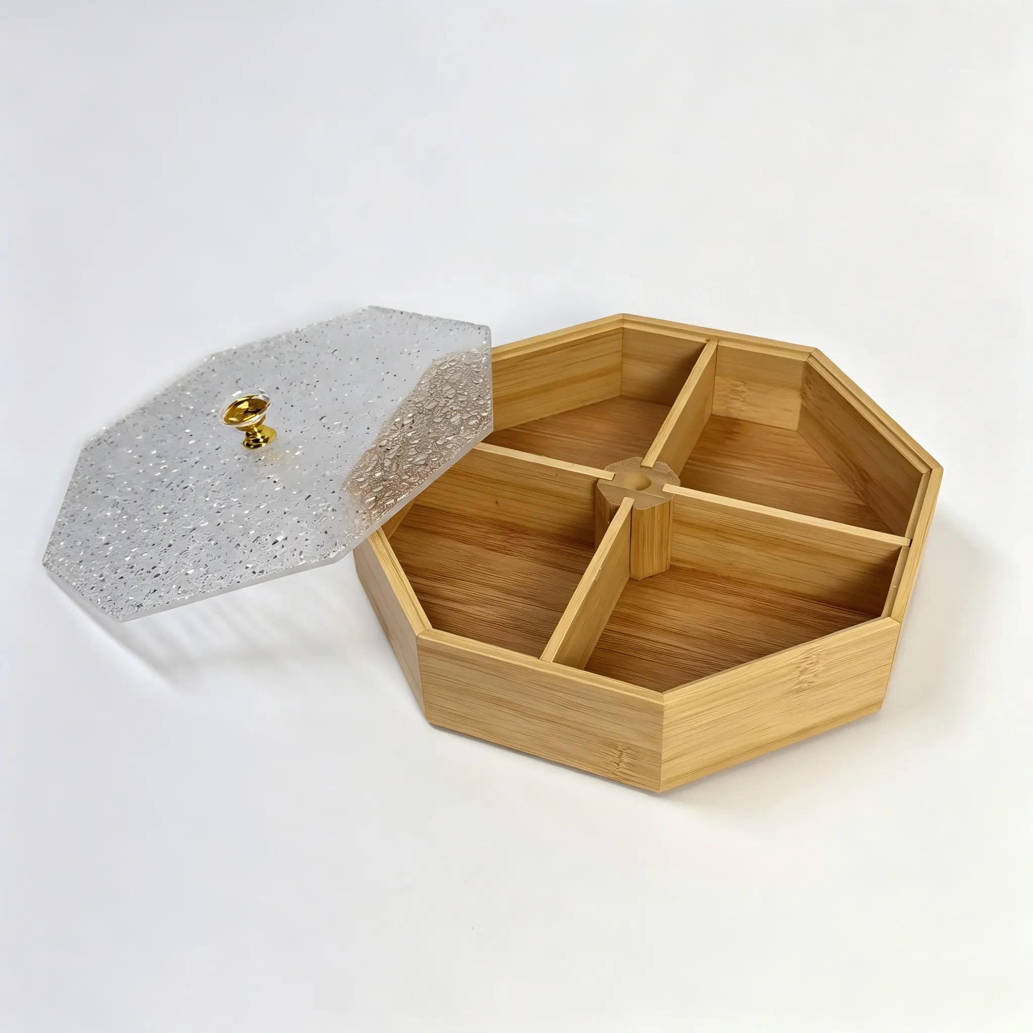 Bamboo Divided Snack Box with Lid, Octagonal Acrylic Candy & Nut Storage Container with Gold Handle Plates,Serving,kitchen accessories, Organiser, Rustic,
