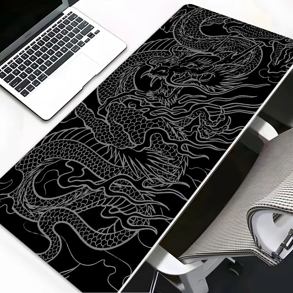 Japanese Dragon Line Art Large Gaming Mouse Pad, Washable Aesthetic Office Desk pad Non-Slip Rubber Base Stitched Edge, Office Accessory, For Desk Laptop For Home Office Game, Office Desk Accessories For Friends Family