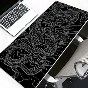 Japanese Dragon Line Art Large Gaming Mouse Pad, Washable Aesthetic Office Desk pad Non-Slip Rubber Base Stitched Edge Best For Desk Laptop For Home Office Game, Desk Accessory For Friends Family Boyfriend/Girlfriend