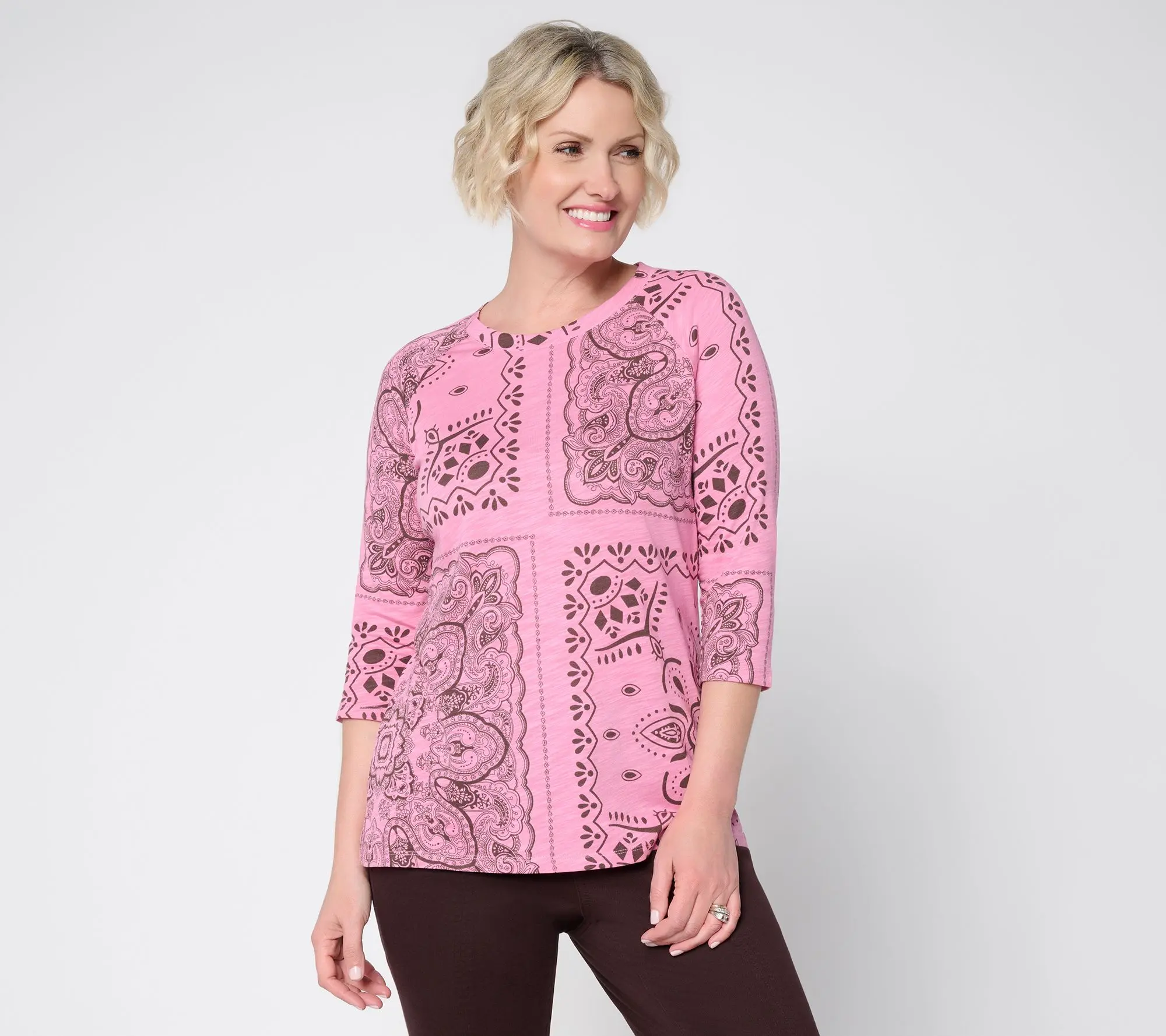 Belle Boho by Kim Gravel Slub Knit Bandana Raglan 3/4 Sleeve Top