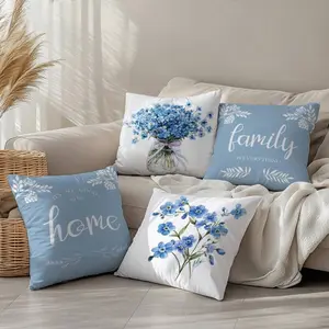 4pcs Simple Blue Floral Home Decorative Pillow Covers, Single-Sided Printed Peach Velvet, 45*45cm/50*50cm/40*40cm Cushion Covers Suitable For Modern Living Room Sofa Decor, Gift, Party Decoration Soft Cushions