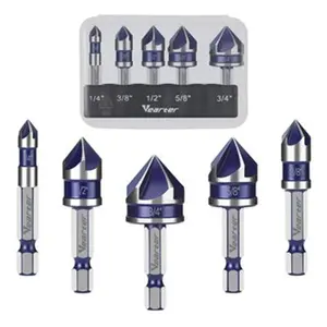 Countersink Drill Bit Set 1/4''(6mm) to 3/4''(19mm), 5PCS HSS 5-Flute Chamfer Bits with 1/4" Hex Shank Quick Change & Clear Storage Case, Woodworking Tools for Metal, Wood, Plastic