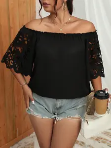 【Plus Size】 Plain Hollow Out Blouse without Bottom, Casual Off Shoulder Top for Daily Wear, Women's Plus Clothing for All Seasons, Boho Casual Top, Blouses Shirts Tops
