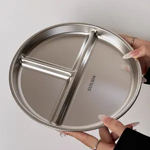 【4 Pack】304 Stainless Steel Plates, 4 Pack 304 Stainless Steel Divided Plates Stainless Steel Plate Portion Control Plates, Plates With Dividers Metal Plates For Camping, Picnic, Home,9"X 9"