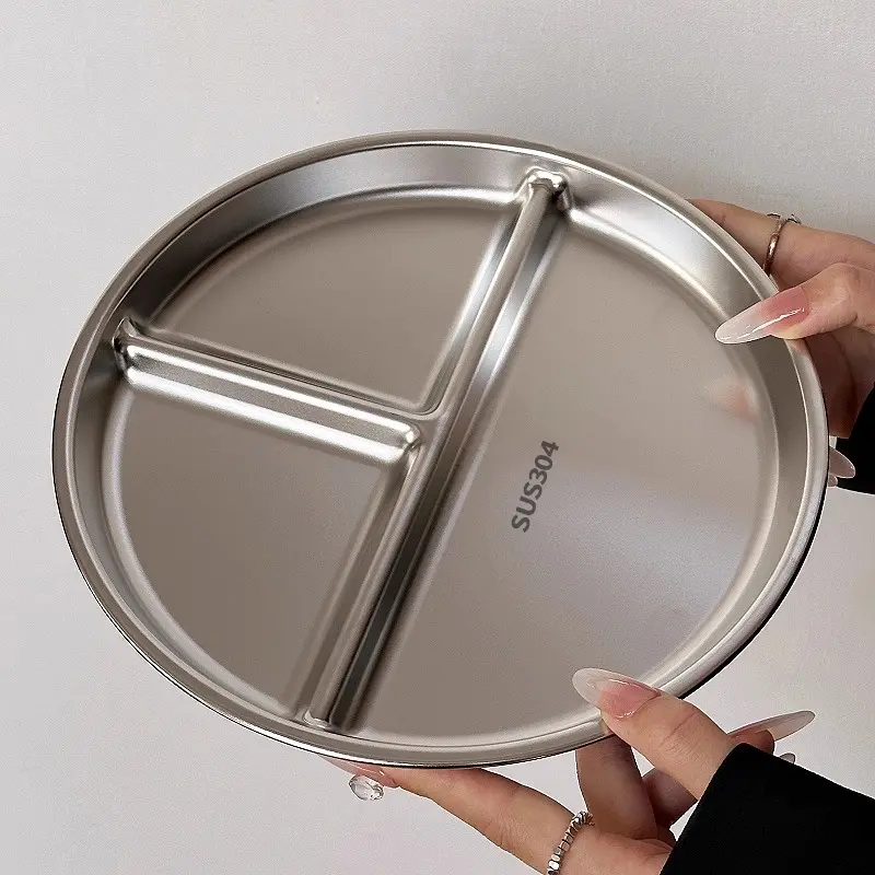 【4 Pack】304 Stainless Steel Plates, 4 Pack 304 Stainless Steel Divided Plates Stainless Steel Plate Portion Control Plates, Plates With Dividers Metal Plates For Camping, Picnic, Home,9"X 9"