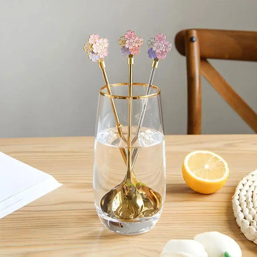 4pcs Stainless Steel Dessert & Iced Tea Spoons Set - Aesthetic Japanese Cherry Blossom Style Long Handle, Durable, Scratch-Resistant, Hygienic Camp Kitchen Outdoor Tableware for Camping, Home Use, Dessert Spoon