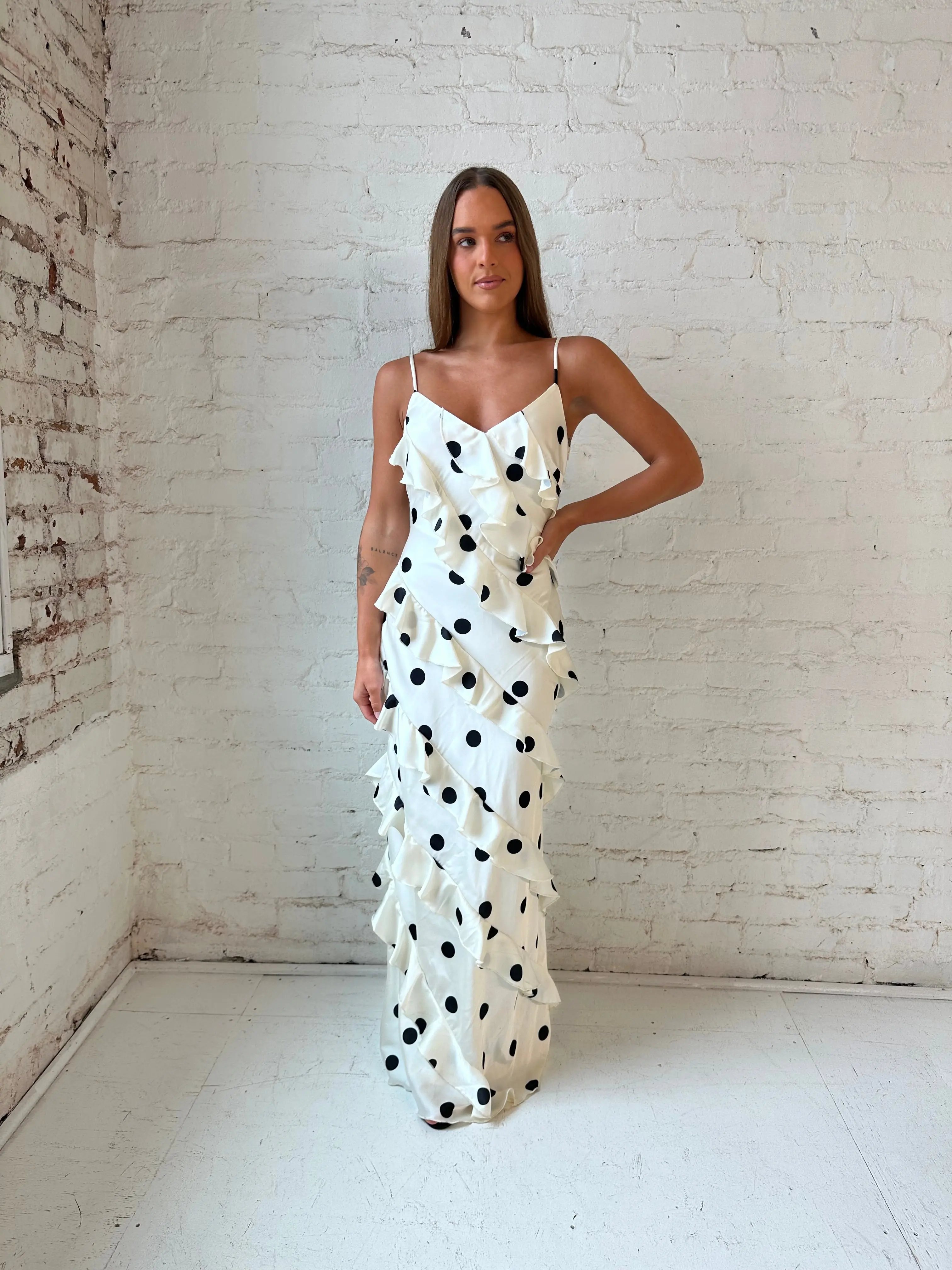 Tatum Cream Polka Dot Ruffle Maxi Dress