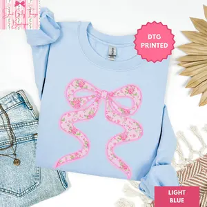 Pink Floral Bow Sweatshirt - Grandmillennial Sweatshirt, Coquette Bow Sweatshirt, Shabby Chic Crewneck, Preppy Sweatshirt, Summer Beach Lake Crewneck
