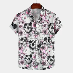 TIXMIE Menswear Short-Sleeve Button-Down Top, Vintage White & Pink Skull Cherry-Blossom Cotton Shirt for Summer Beach Vacation, Ideal Father's Day Gift, Shortsleeve