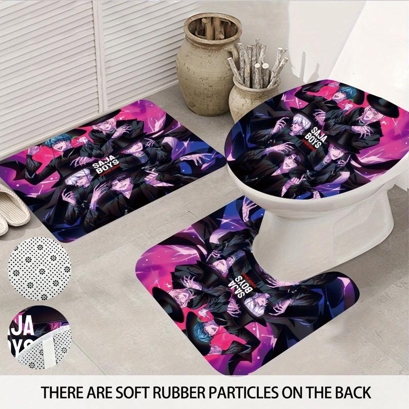 K-POP Demon Hunters Bathroom Set, Including Shower Curtain with 12 Hooks, Non-Slip Bath Rug, U-Shaped Toilet Mat, Toilet Lid Cover, Bathroom Decoration Accessories