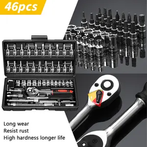 46pcs 1/4 Inch Hardware Toolbox, Socket Wrench Diy Repair Tool Kit, Car Repair Machinery Tools Set, Household Machinery Tools, Ratchet Screwdriver, Compatible with Car Repair, Bicycle Repair, Auto Repairing & Household, Christmas Gift