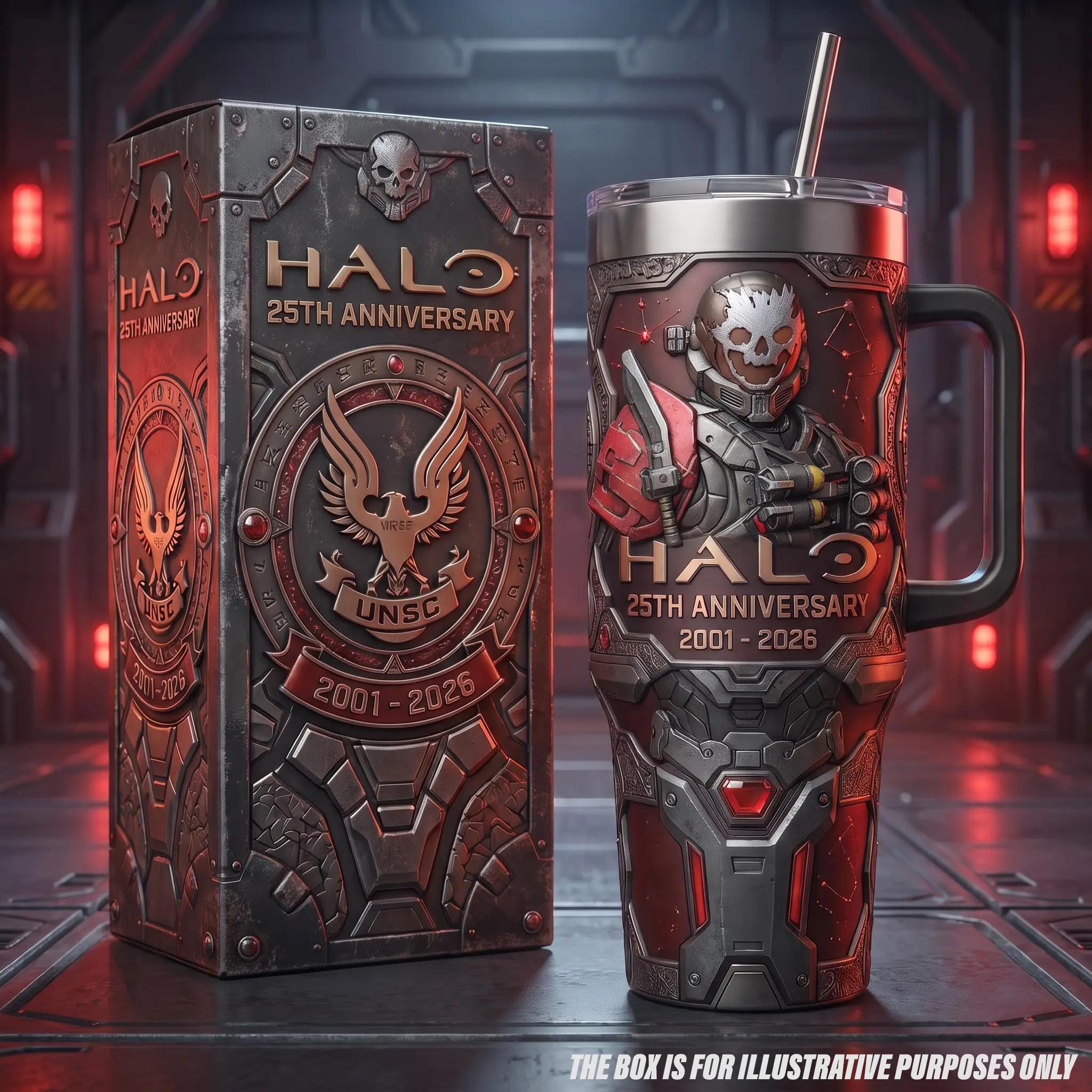 Halo 25th Anniversary 2001-2026 Tumbler, 40oz Insulated Stainless Steel Travel Mug Straw, Halo Reach Emile-A239 Skull Visor Noble Four Car Cup, Sci-Fi FPS Video Game Gamer Collector Edition Merch Gear Gift Idea for Gaming Setup Accessories