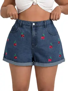 Plus Size Women's Cherry Embroidery Wide Leg Denim Shorts High Waist Rolled Hem Shorts