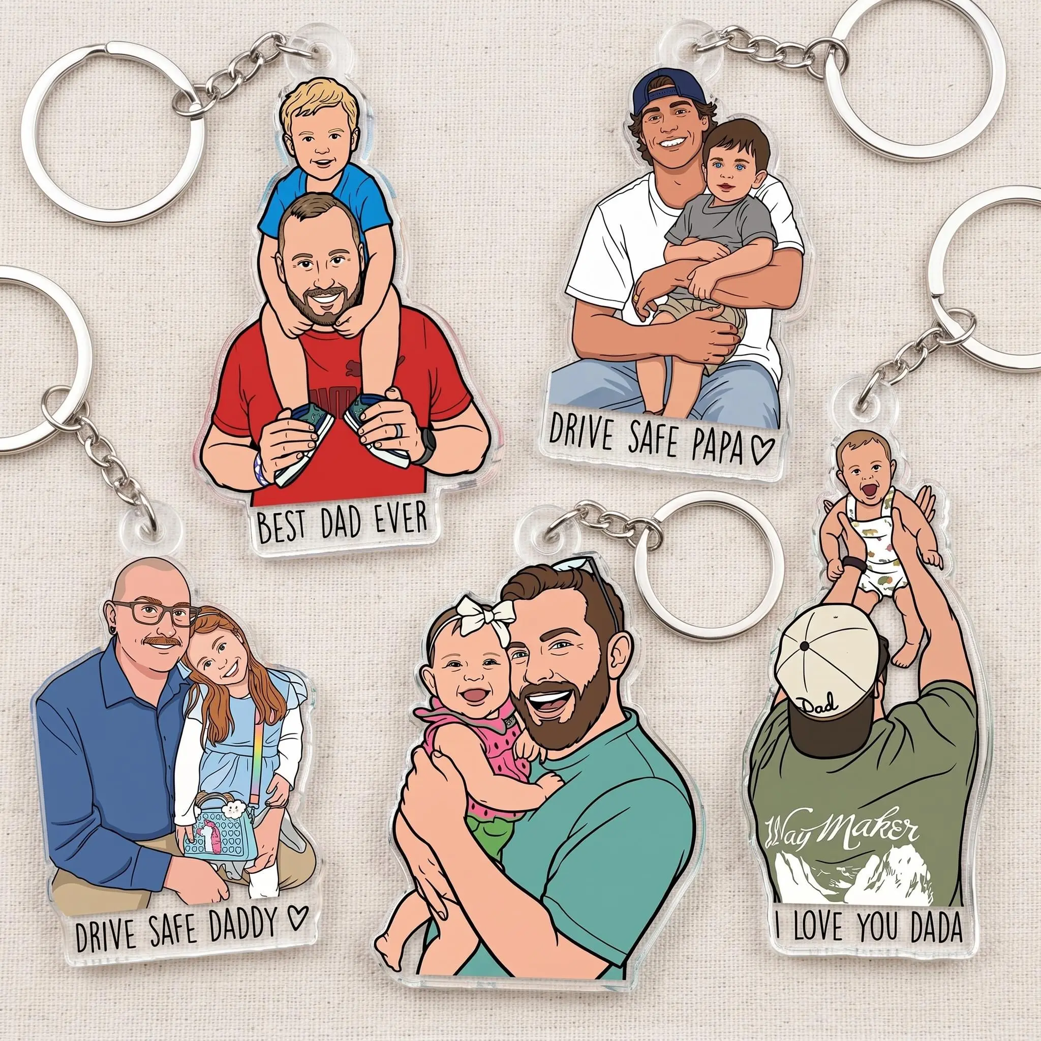Personalized Portrait From Photo Dad and Kids Acrylic Keychain: Fathers Day Gift For Dad, New Dad Gift