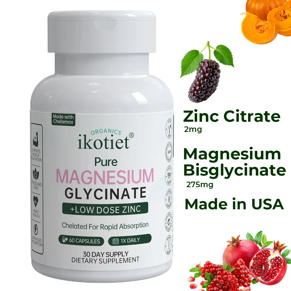 IKOTIET Magnesium glycine for relaxation, supporting calm and restful sleep, and zinc for daily defense 275 mg, 60 vegan capsules;