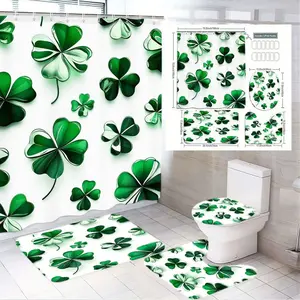1/4pcs St Patrick's Day Bathroom Set, Bathroom Supplies, 3D Green Clover Shower Curtain with Matching Bath & Toilet Mats, White Background Clover Pattern, Festive Irish Themed Bathroom Decor, Complete with Hooks, St. Patrick's Day