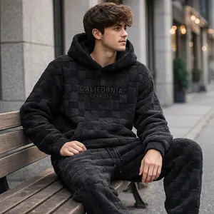 Men's 2-Piece Fitted Plaid Embroidered Overall Matching Set, Soft Fleece Long Sleeve Hoodie & Pajama Pants, Menswear for Loungewear Sleepwear