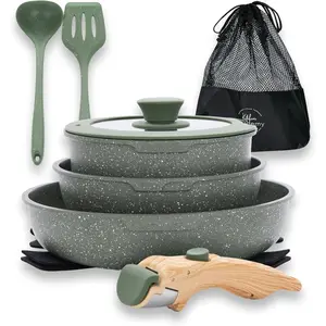 10 count Pots and Pans Set Non Stick, Nonstick Kitchen Cookware Sets Detachable Handle, Induction Pots and Pans Set with Removable Handle, RV Cookware for Camping, Oven Safe, PFOS, PFOA Free, Green