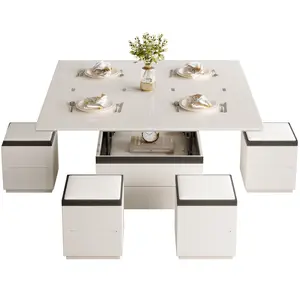 Guyii White 3-in-1 Coffee Table with Lift Top Hidden Storage & 4 Foldable Stools Modern Versatile for Living Room Dining Home Office Furniture Drawer Leather