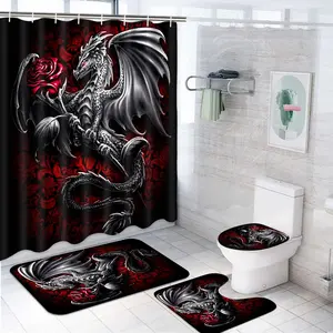 Dragon Pattern Bathroom Decorations, 4 Counts/set Including 1 Shower Curtain & 1 Toilet U-shape Mat & 1 Rectangular Mat & 1 Toilet Lid Cover, Bathroom Accessories with Hooks, Shower Curtain Sets